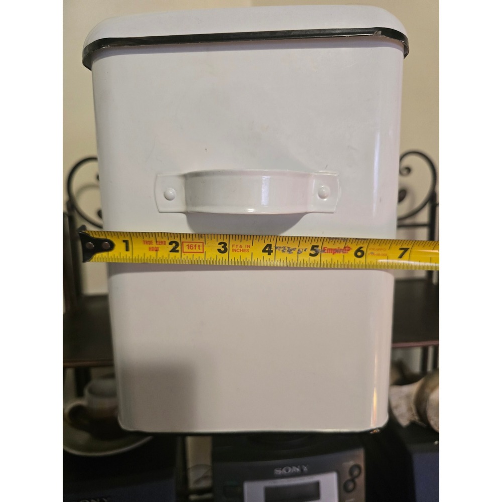 Vintage Farmhouse White Enamel Bread Box Metal Storage Bin with Lid and Handles - Picture 5 of 8